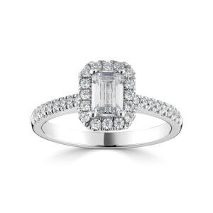 Emerald cut Diamond halo with Diamonds on the shoulder