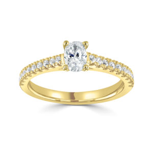 Four Claw Oval Cut Diamond with Micro Set Diamonds on the shoulders