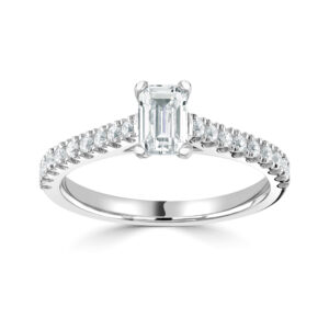 Four Claw Emerald Cut Diamond with Micro Set Diamonds on the shoulders