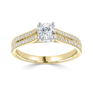 RBC Diamond Solitaire with Tulip setting and a Double Shank Micro Set Diamond shoulders