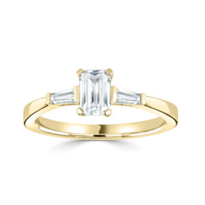 Emerald Cut centre stone Diamond with two tapered Baguette Diamonds either side